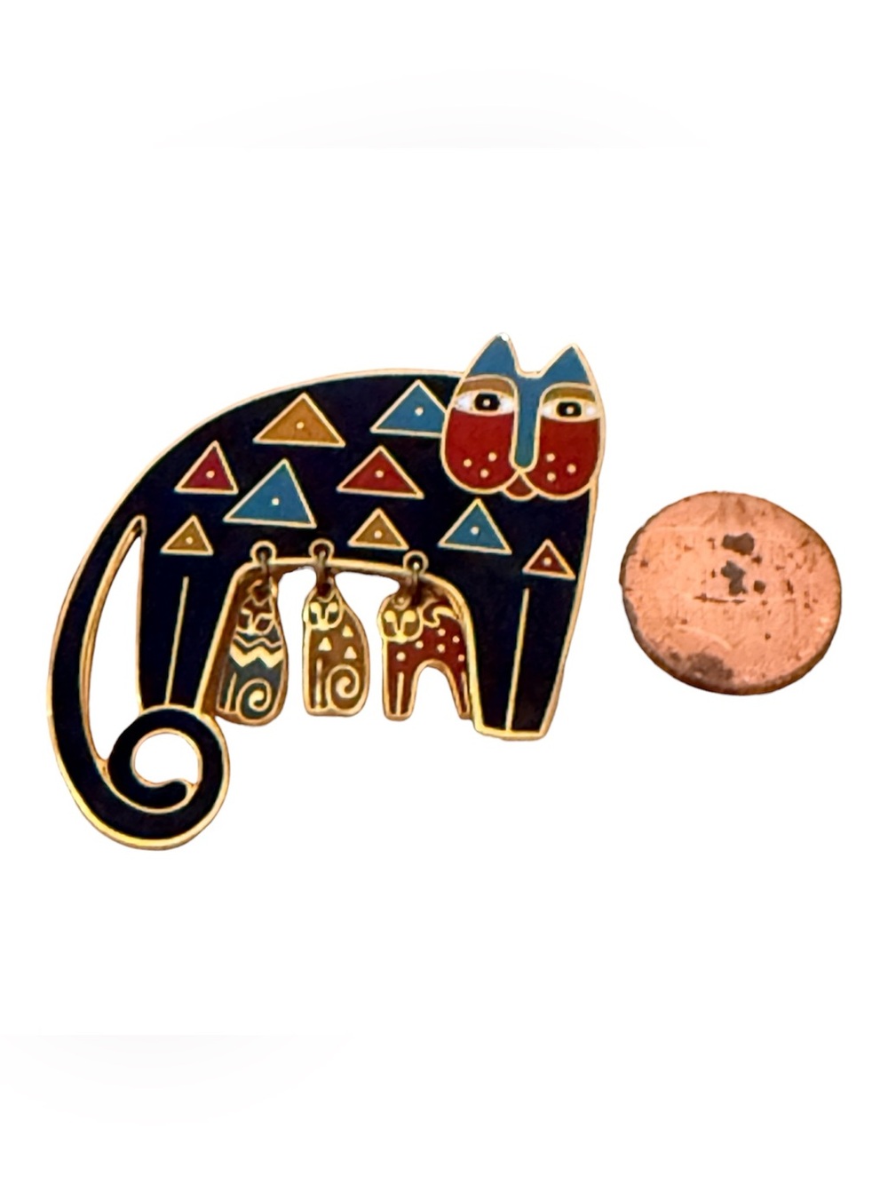 Vintage Laurel Burch Enamel Cat Brooch - Blue Geometric Triangle Feline Pin - Picture 3 of 4